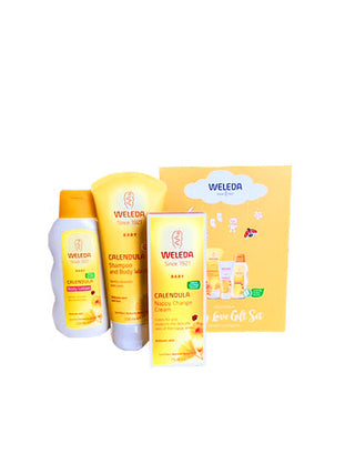 Weleda three pack of body lotion, nappy change cream and shampoo and body wash